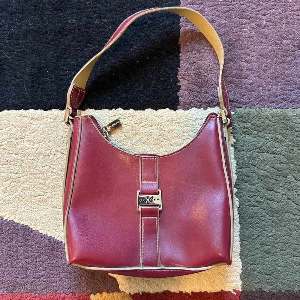 emilie m. burgundy red mini shoulder purse silver detailing faux vegan leather